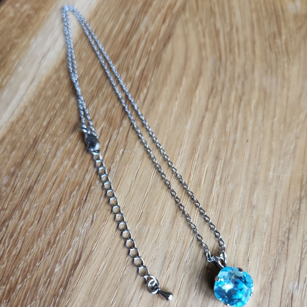 Silver Chain Necklace, Blue Crystal Pendant, Hand Crafted - Picture 8 of 9